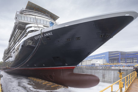 Seawater floods the drydock at the Fincantieri Marghera shipyard in Venice, Italy during Queen Anne’s float out in May.