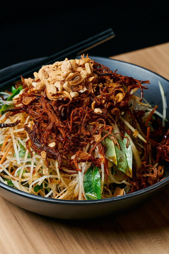 Green papaya salad with beef jerky.