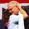Prime Minister of Australia Scott Morrison hugs his wife, Jenny,  after conceding defeat in Sydney.