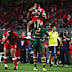 David Fusitu’a of Tonga flies above Josh Addo-Carr of Australia at Eden Park.