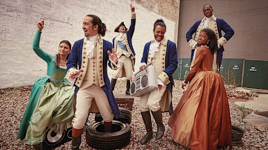 Lin-Manuel Miranda (second from left) and other members of the original Hamilton cast. Every year since its 2015 premiere, the musical has made more money than any other show on Broadway.