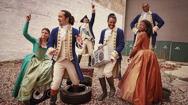 Lin-Manuel Miranda (second from left) and other members of the original Hamilton cast. Every year since its 2015 premiere, the musical has made more money than any other show on Broadway.