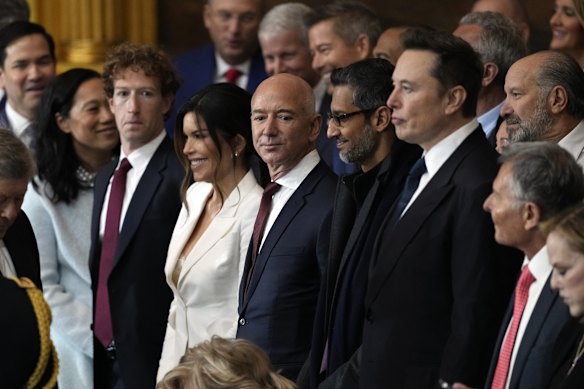 Guests including Mark Zuckerberg, Jeff Bezos, Sundar Pichai and Elon Musk arrive before the 60th presidential Inauguration in the Rotunda of the US Capitol.
