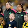 Players from Australia stand for the national anthem during the women’s international friendly match between Australia Matildas and Mexico at CommBank Stadium on June 09, 2026 in Sydney, Australia.