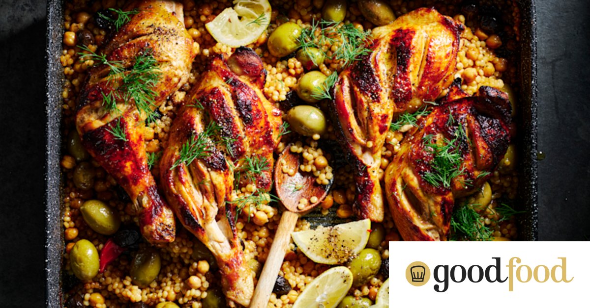 Chicken tray bake recipe with pomegranate and cous cous
