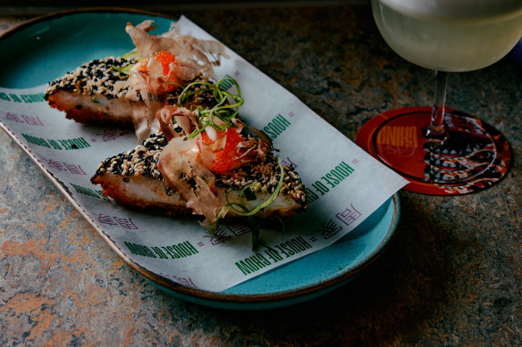 Crab and prawn toast with rocoto, a spicy Peruvian mayonnaise.