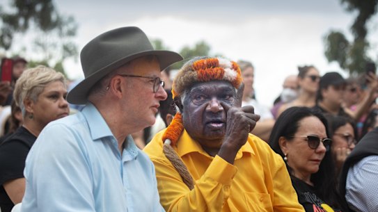 Yunupingu with Prime Minister Anthony Albanese at the Garma Festival in 2022.