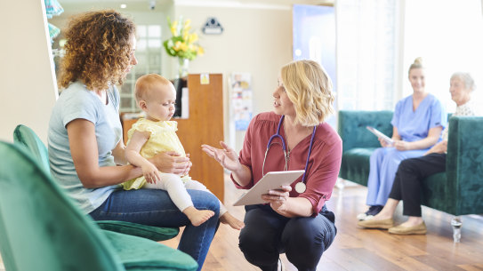 mother and child at the clinic, Paediatrician office generic, specialist hospital, health. 