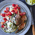 Baharat-spiced, roasted lamb racks with burghul and tahini yoghurt.