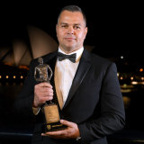 Target: Rabbitohs coach Anthony Seibold with his Dally M Coach of the Year Award.