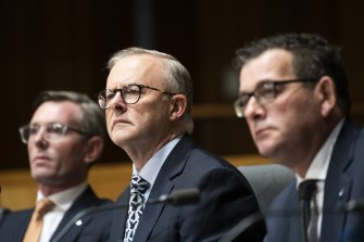 Prime Minister Anthony Albanese with NSW Premier Dominic Perrottet and Victoria’s Daniel Andrews at a national cabinet meeting on Friday.