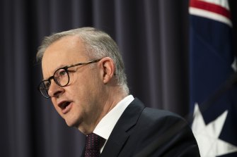 Prime Minister Anthony Albanese answers questions about the energy crisis in Canberra on Thursday.