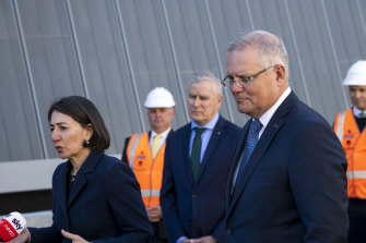 NSW Premier Gladys Berejiklian, Deputy Prime Minister Michael McCormack and Prime Minister Scott Morrison on Monday.