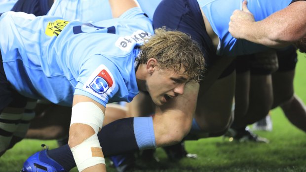 Ned Hanigan in action for the Waratahs on the side of the scrum. 