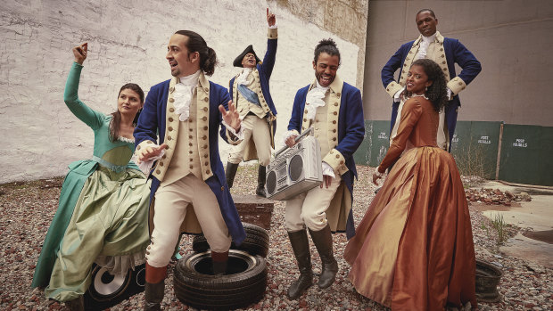 Lin-Manuel Miranda (second from left) and members of the original Hamilton cast. The show's Australian cast will be announced on Monday.