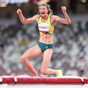 Australian high jumper Nicola McDermott celebrates winning Olympic silver in Tokyo.