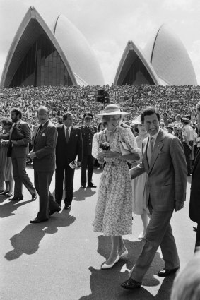 Then-Prince Charles with his first wife, Princess Diana, at the Sydney Opera House during an Australian tour in 1983.