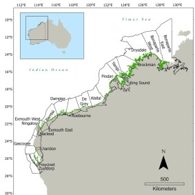 A map of mangrove extent from Shark Bay to the Kimberley. There is also a small amount of mangroves in Bunbury.