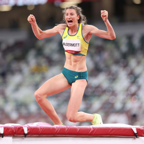 Australian high jumper Nicola McDermott celebrates winning Olympic silver in Tokyo.