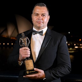 Target: Rabbitohs coach Anthony Seibold with his Dally M Coach of the Year Award.