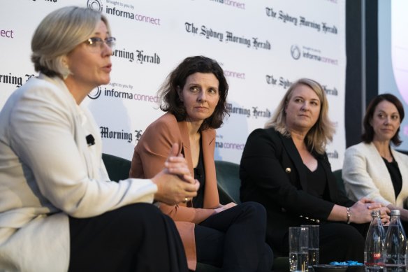 Warringah MP Zali Steggall, Wentworth MP Allegra Spender, North Sydney MP Kylea Tink, and Mackellar MP Sophie Scamps at the Herald’s Sustainability Summit on Tuesday.