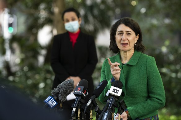 NSW Premier Gladys Berejiklian and NSW Deputy Chief Health Officer Dr Marianne Gale provide a COVID-19 update in Sydney’s Hyde Park. 