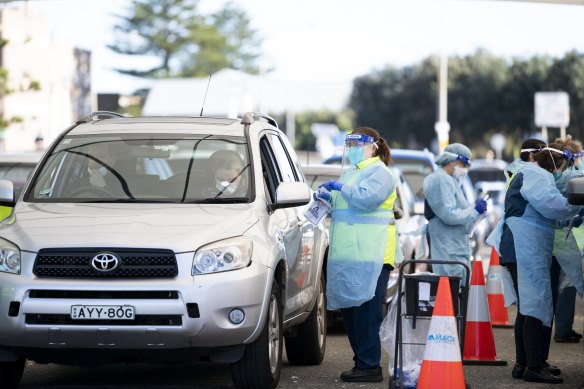 Bondi Beach’s drive-through testing clinic was processing large numbers of people on Thursday. 