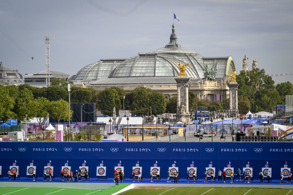 Olympic archery is being staged in one of the standout venues for Paris 2024 – the historic Hotel des Invalides, near the Eiffel Tower and the Grand Palais (pictured in background).