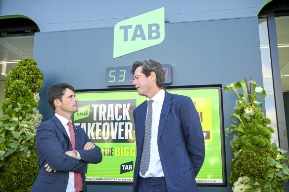 Gillon McLachlan talks to trainer James Cummings in the lead-up to the 2024 Melbourne Cup.
