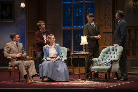 Alex Rathgeber, Laurence Boxhall, Anna O’Byrne, Tom Conroy and Adam Murphy in a scene from The Mousetrap.