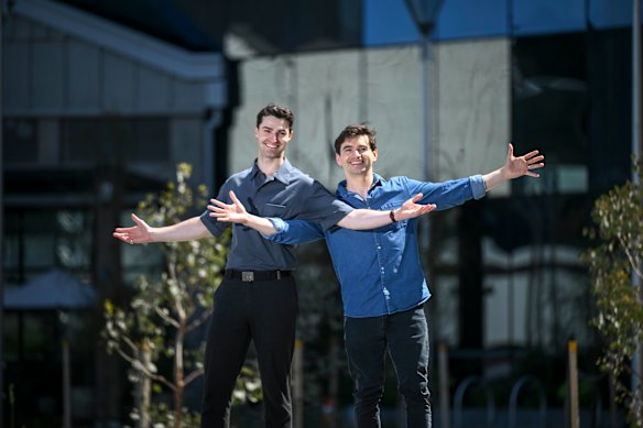 Sean Johnston (left) and Nick Cox star in The Book of Mormon.