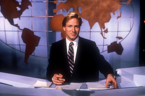 William Hurt as “handsome idiot” Tom Grunick in the 1987 movie Broadcast News.