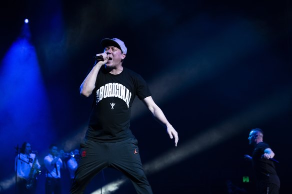 Suffa (Matthew David Lambert) from the Hilltop Hoods told the audience he forgot his shorts but wasn’t slowed down by wearing pants.