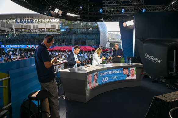 Behind the scenes at the Nine Network Melbourne Park studio with presenters James Bracey, Alicia Molik and Jim Courier.