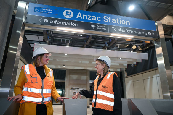 Premier Jacinta Allan (right) and MP Katie Hall in the Metro Tunnel. Unions threatened to ban MPs from the site if Labor banned duck hunting.