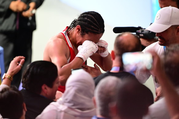 Imane Khelif burst into tears aftering winning her quarter-final bout in Paris.