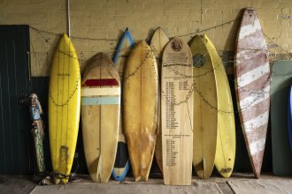 Vintage surfboards in the Point Lonsdale Boardriders clubhouse.