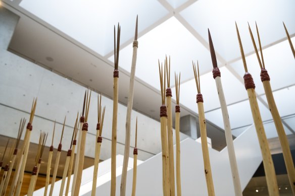 Contemporary spears on display at the Chau Chak Wing Museum, symbolising the 37 other spears taken by the crew of the Endeavour.