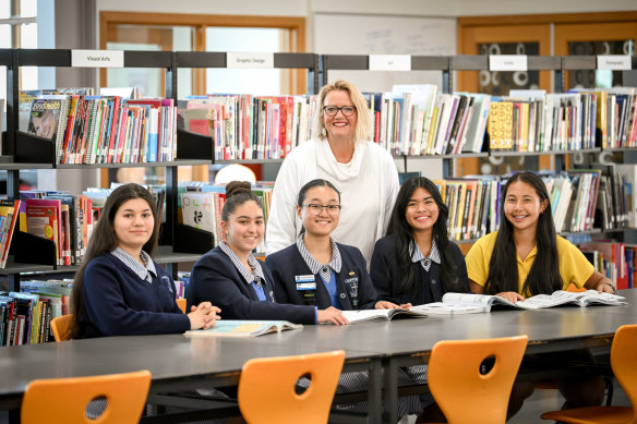 Killester College principal Sally Buick with students, some of whom are involved in interviewing prospective teachers. 