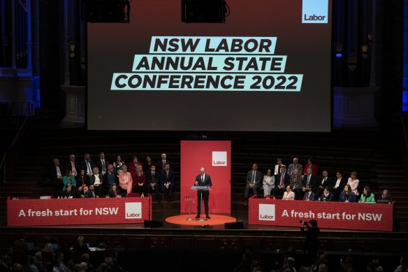 Prime Minister Anthony Albanese addresses the 2022 NSW State Labor Conference at Sydney Town Hall.