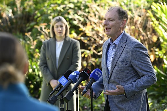 David Southwick addresses the media with Jess Wilson last year.