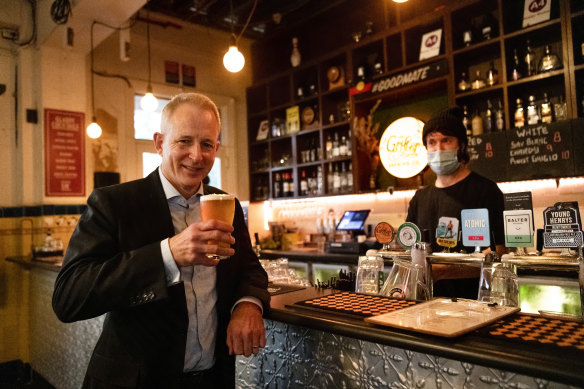 Lord Gladstone pub director Mitchell Crum with arts minister Paul Fletcher.