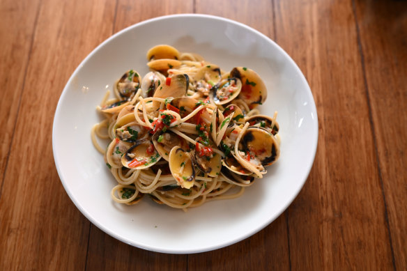 Spaghetti vongole with pippies, garlic, lemon, chilli, olive oil and parsley at Cicciolina.