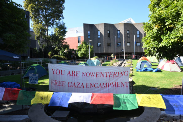Tents set up at Deakin University’s Burwood campus as part of a pro- Palestinian protest in May 2024.