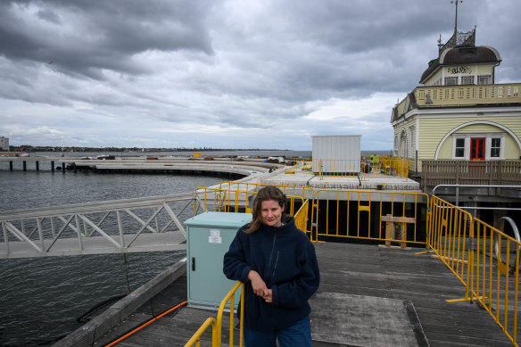 Penguin guide volunteer Flossy Sperring at the St Kilda Pier, where construction of the new $53 million curved pier is under way. 