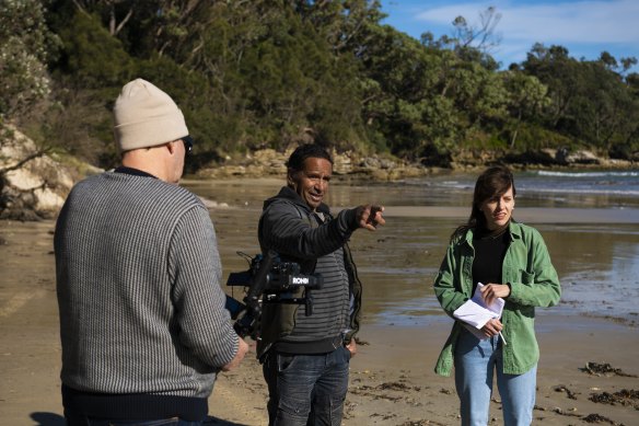 Uncle Nick Carter with Herald journalist Carrie Fellner, filming a scene for the upcoming Stan documentary on Wreck Bay.