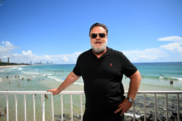 AACTA president Russell Crowe at Burleigh Heads on Saturday morning.