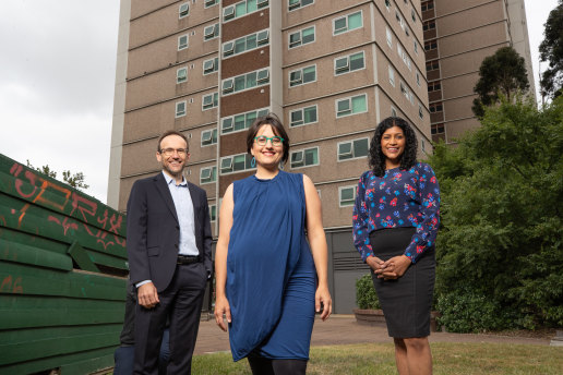 Federal Greens leader Adam Bandt, with candidate Gabrielle di Vietri and Victorian Greens leader Samantha Ratnam, in February.