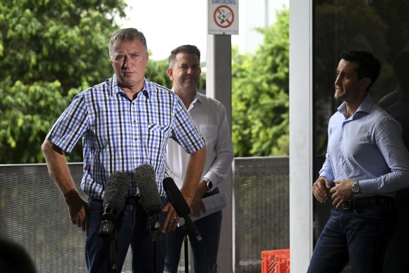 Darren Zanow, a concrete business owner who campaigned on youth crime, looks set to win Ipswich West. He is watched by state opposition leader David Crisafulli at a press conference on Sunday.