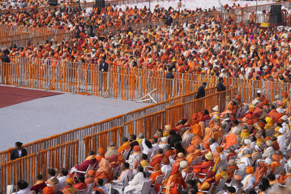 Hindu holy men attend the opening of a temple dedicated to Hinduism’s Lord Ram in Ayodhya, India.